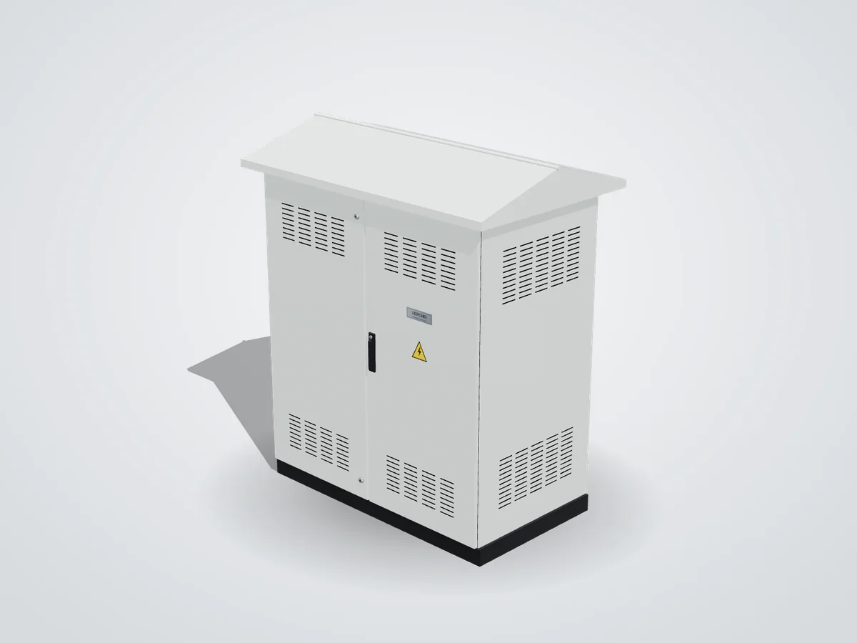 Closed canopy outdoor enclosure with double-pitch rain canopy roof, louvred doors and sides, swing handle and base frame