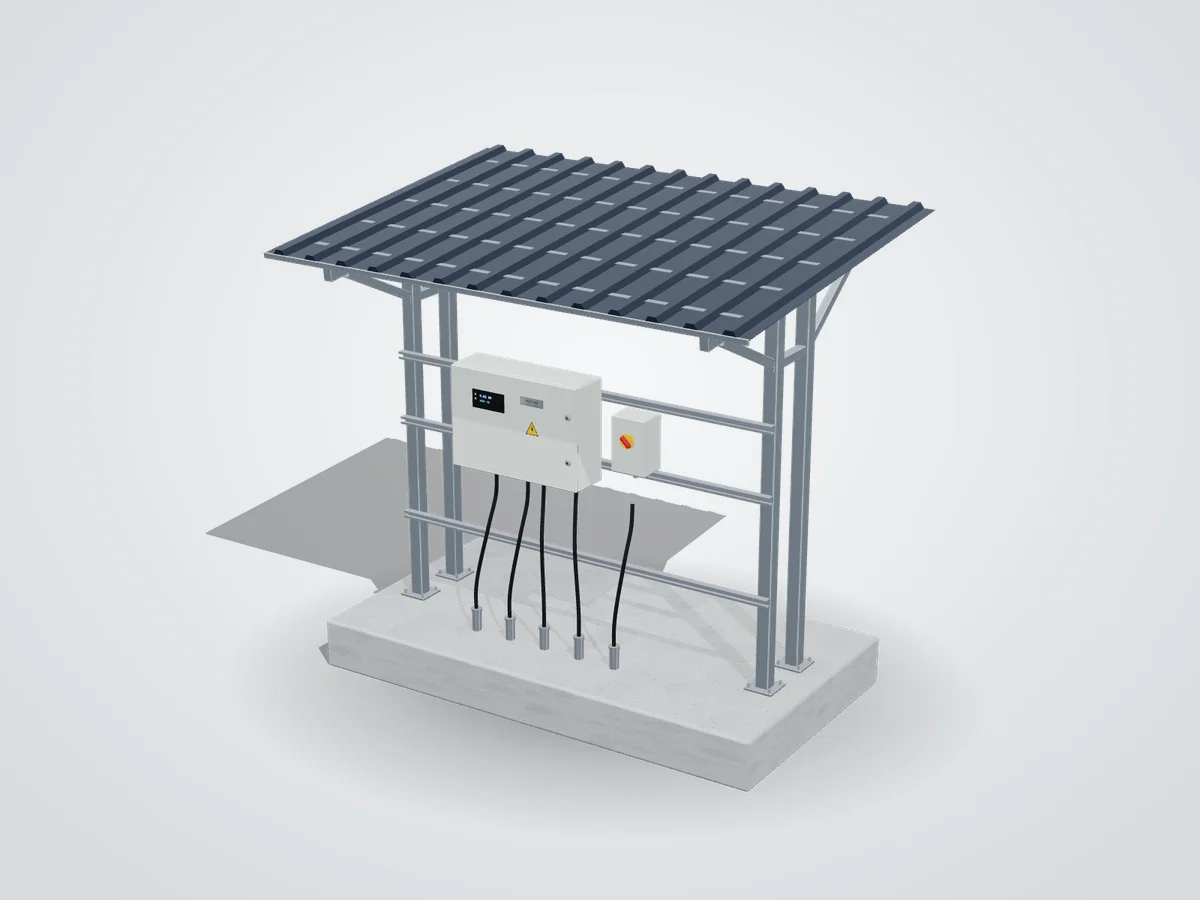 Open canopy portal frame on concrete plinth with knee-braced rafters, sloped roof sheet and strut rails holding an inverter and isolator