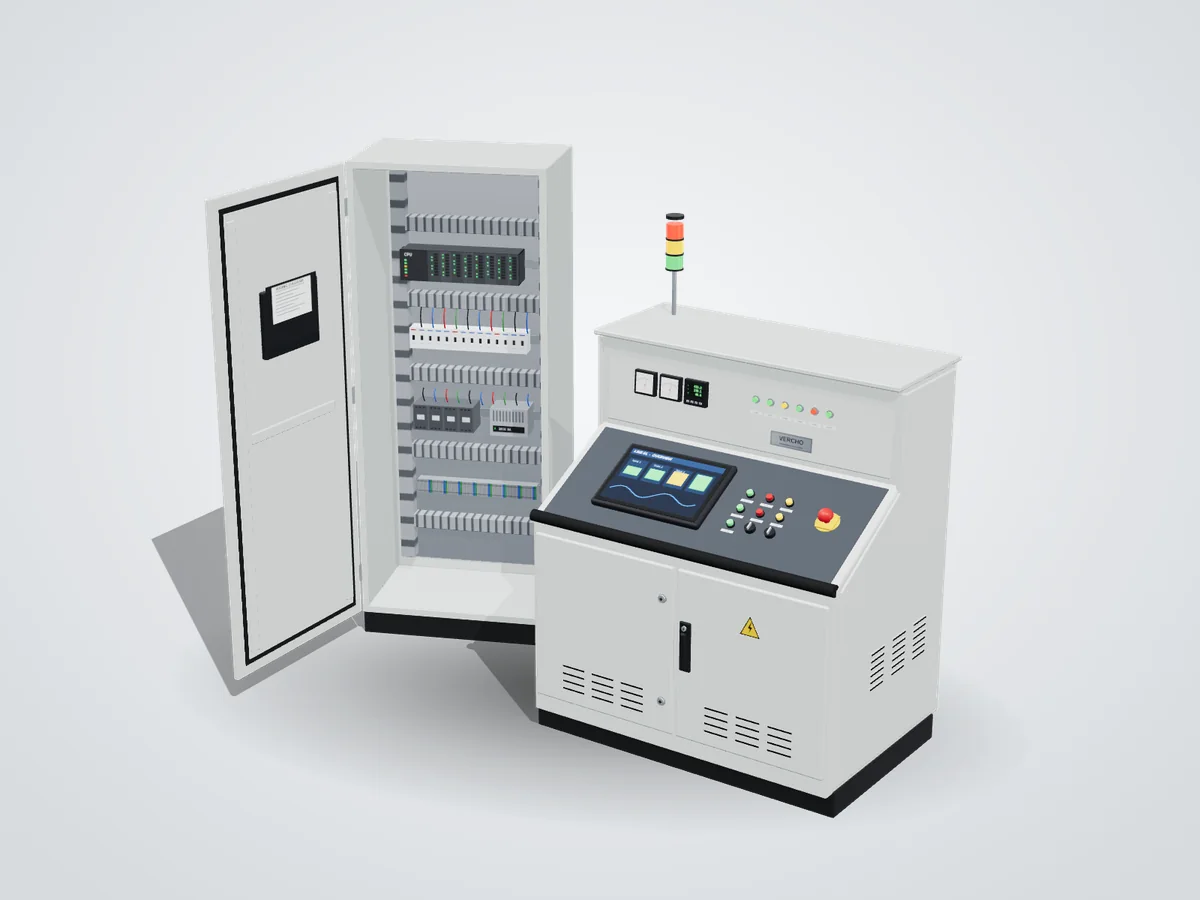 Customised PLC panel with door open showing mounting plate, PLC, MCBs, contactors, wiring ducts and terminals, beside an HMI control desk with stack light, push buttons and emergency stop
