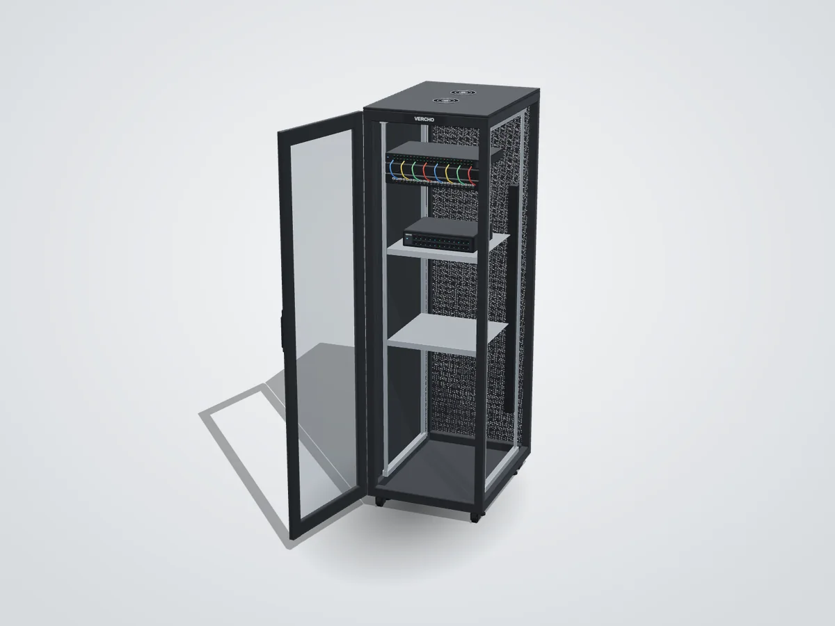 42U data rack with glass front door open, 19 inch mounting profiles, fixed shelves, patch panel and switch