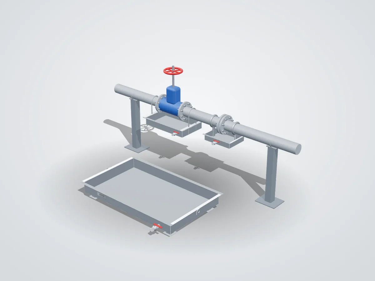 Stainless steel drip trays: floor-standing tray with drain valve, valve-area tray hung from the pipe on U-bolts, and pipeline flange-joint tray clamped to the pipe