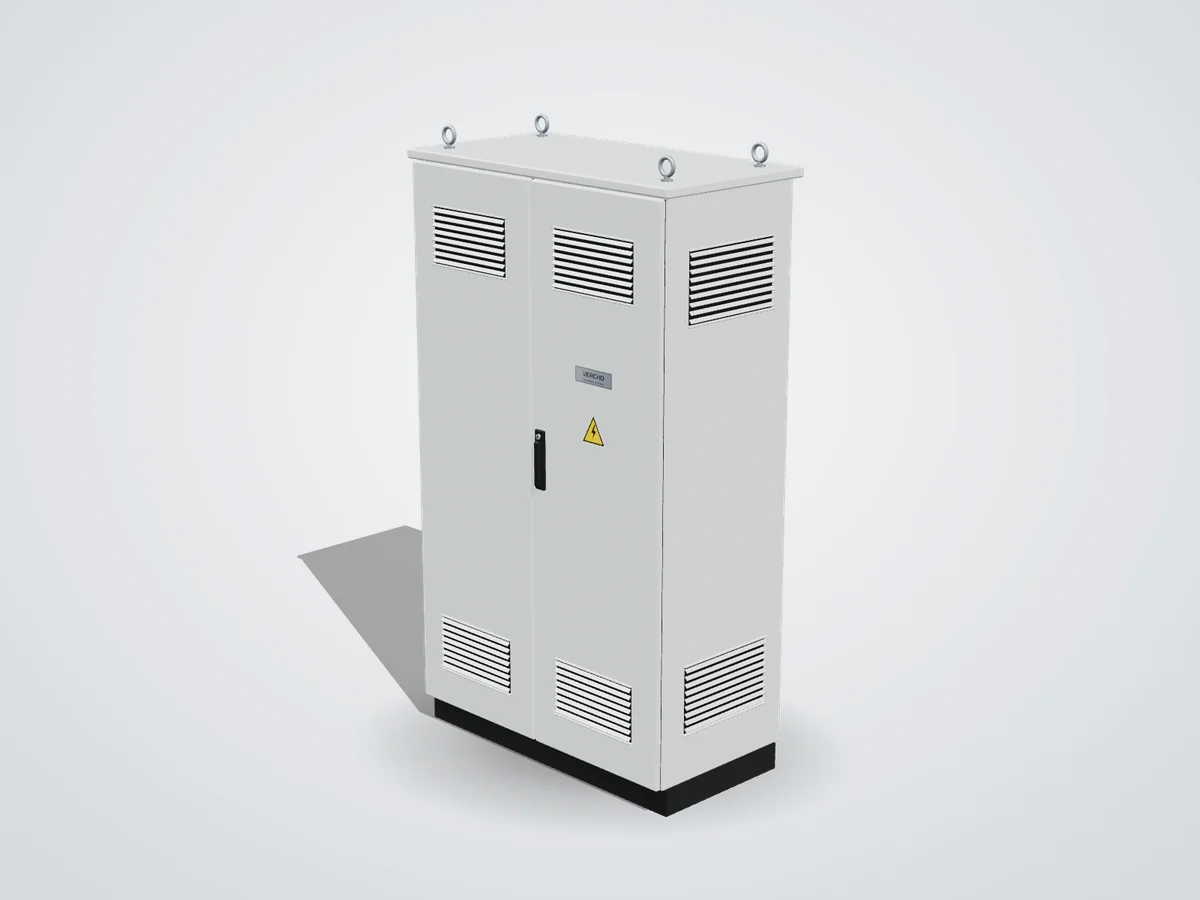 Floor mounted double-door electrical panel enclosure with louvres and plinth