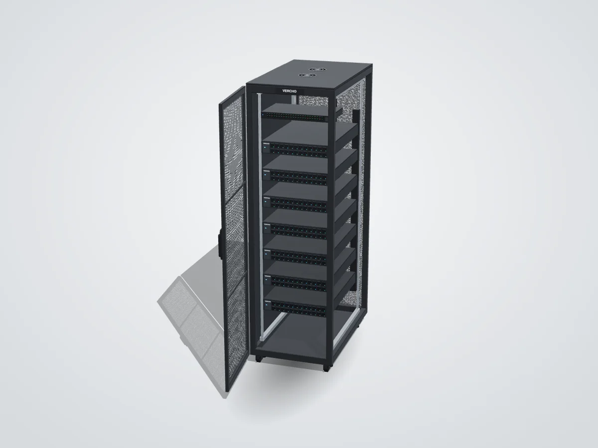 42U server rack with perforated front door open, servers mounted on 19 inch profiles and perforated rear doors