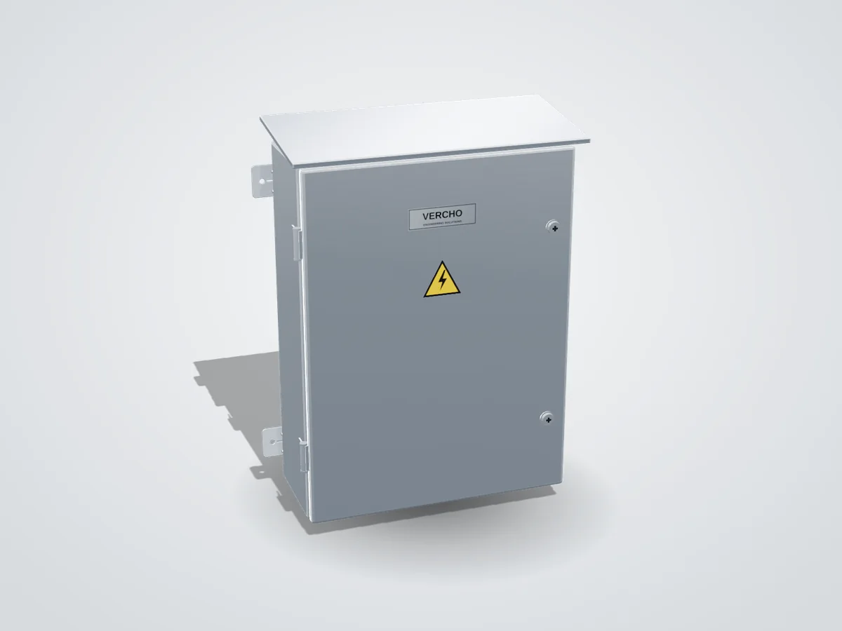 Wall mounted stainless steel electrical enclosure with rain hood, external hinges, cam locks and wall-mounting cleats with fixing holes